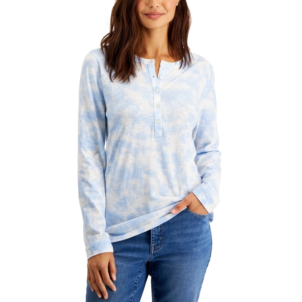 Style & Co Petite Blue Tie Dye Henley Top - Women's Shirts